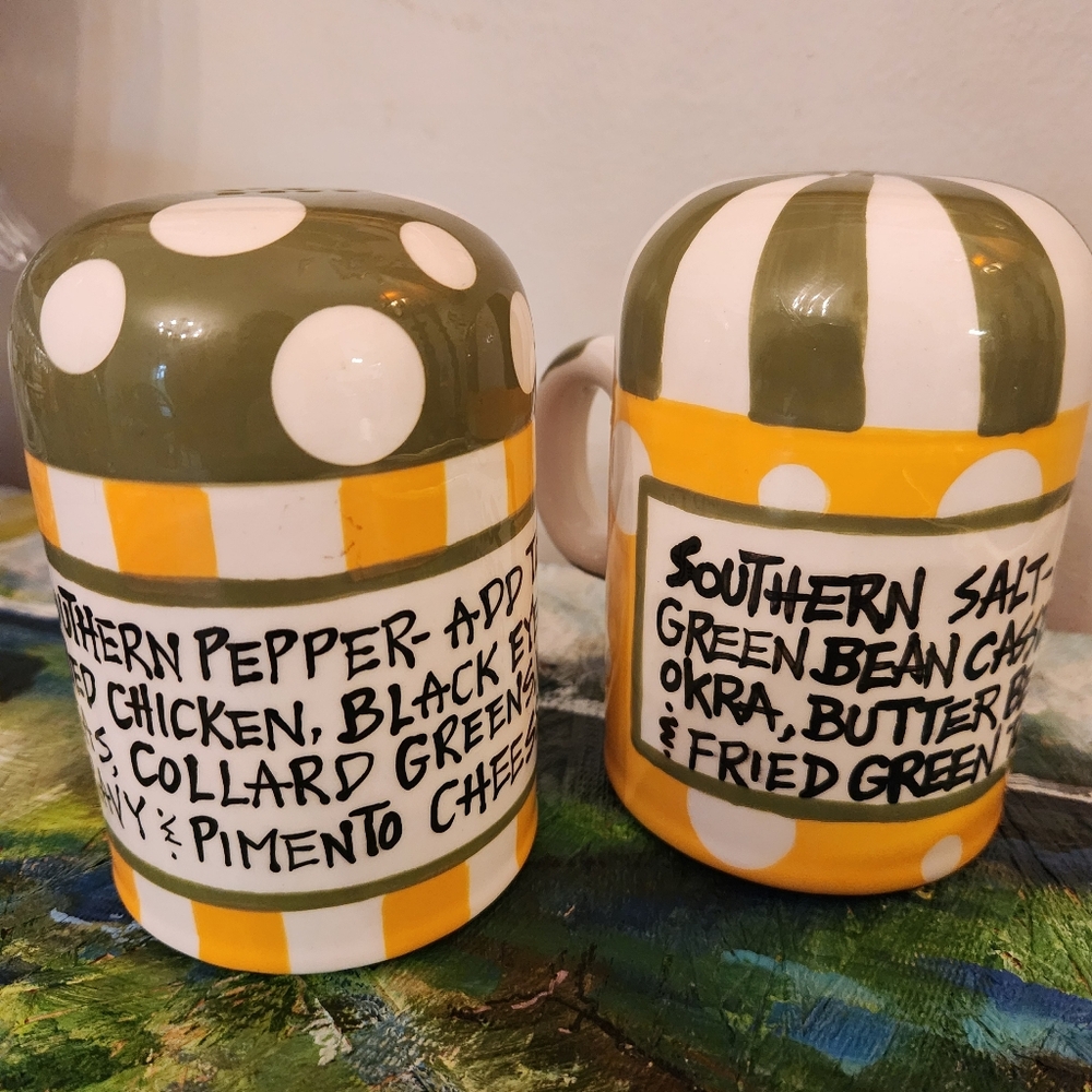 T. Cabells Too Southern Salt & Pepper Shaker Set Ceramic Polka Dot Stripe - Picture 3 of 8